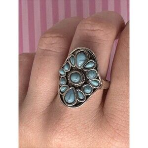 Size 10 Turquoise Statement Ring Western Boho Cluster Style, Silver Tone Band